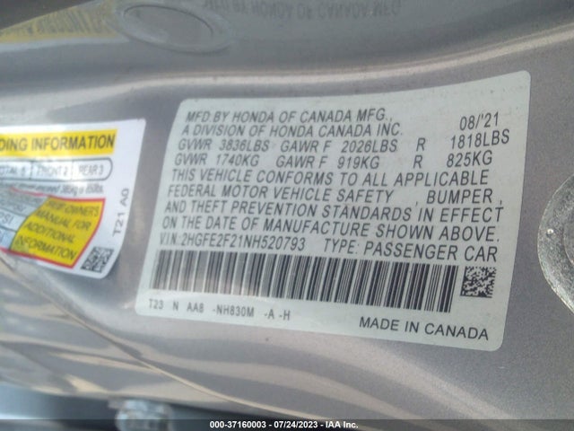 Honda Civic Sedan Lx 2022 2HGFE2F21NH520793 Image 15