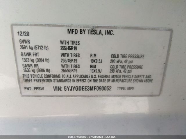 5YJYGDEE3MF090052 Tesla Model Y Long Range