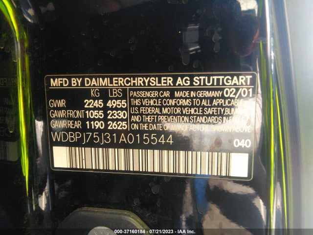 Продаж на аукціоні авто 2001 Mercedes-benz Cl-class, vin: WDBPJ75J31A015544, номер лоту: 37160184