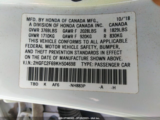 Honda Civic Sedan Lx 2019 2HGFC2F69KH504698 Image 9