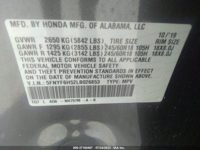 Honda Pilot Ex-l 2020 5FNYF6H52LB026853 Image 9