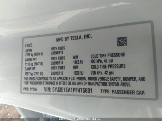 5YJ3E1EA1PF475691 Tesla MODEL 3
