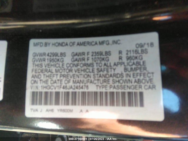 Honda ACCORD EX 2018 1HGCV1F46JA245476 Image 9