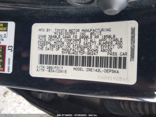 2013 TOYOTA COROLLA L/LE/S VIN: 5YFBU4EE7DP196247