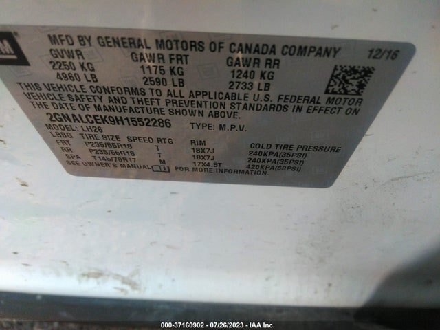 Chevrolet EQUINOX LT 2017 2GNALCEK9H1552286 Image 9