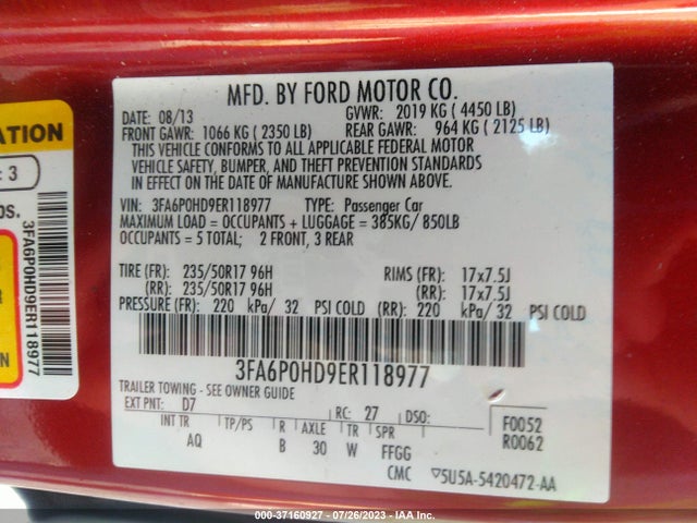 2014 FORD FUSION SE VIN: 3FA6P0HD9ER118977