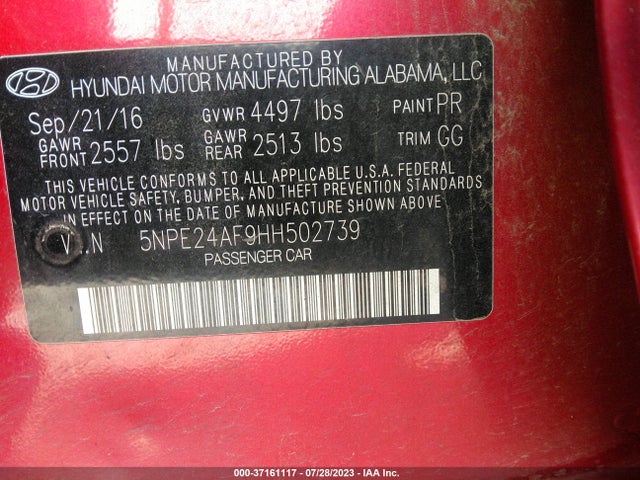 Hyundai Sonata 2.4l 2017 5NPE24AF9HH502739 Image 15