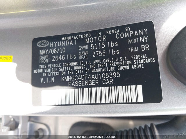 2010 HYUNDAI GENESIS VIN: KMHGC4DF4AU108395