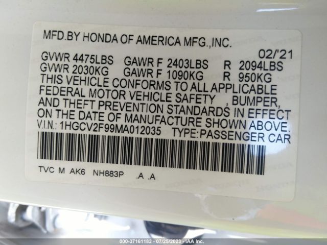 1HGCV2F99MA012035 Honda Accord Sedan Touring