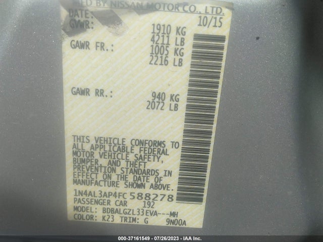 Nissan Altima 2.5 S 2015 1N4AL3AP4FC588278 Image 9