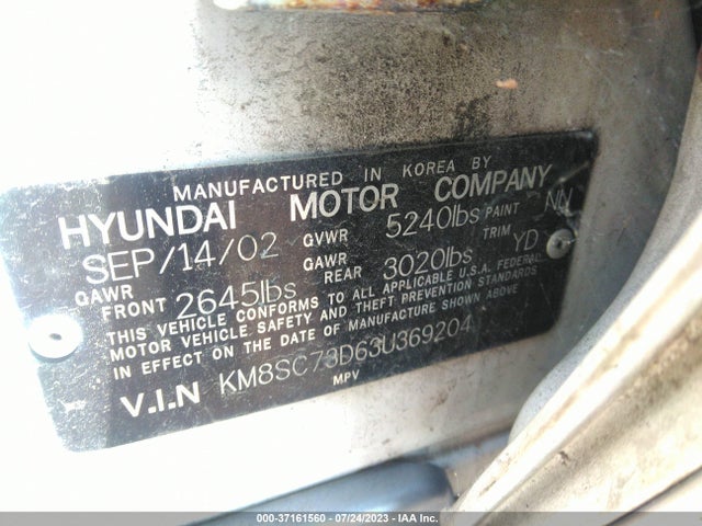 2003 HYUNDAI SANTA FE GLS/LX VIN: KM8SC73D63U369204
