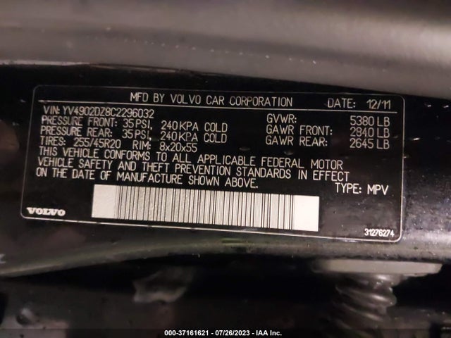 2012 VOLVO XC60 3.0L VIN: YV4902DZ8C2296032