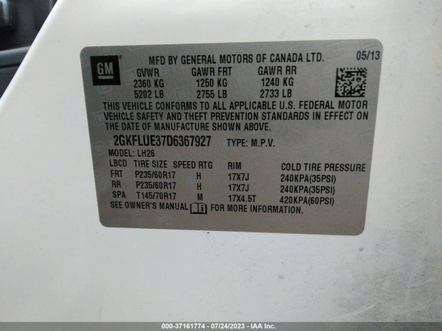 2013 GMC TERRAIN SLT VIN: 2GKFLUE37D6367927