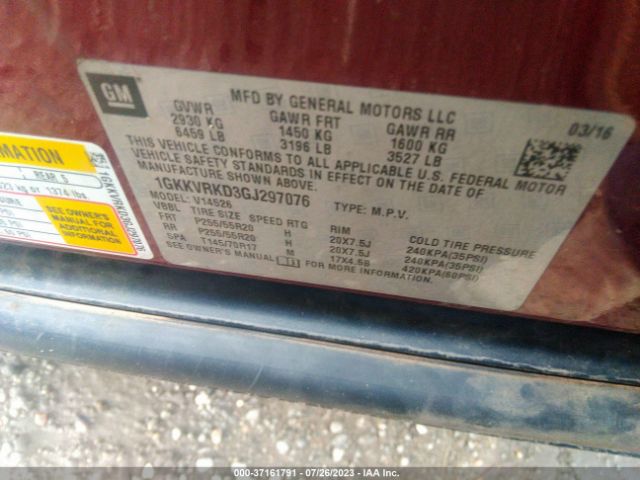 1GKKVRKD3GJ297076 GMC ACADIA SLT