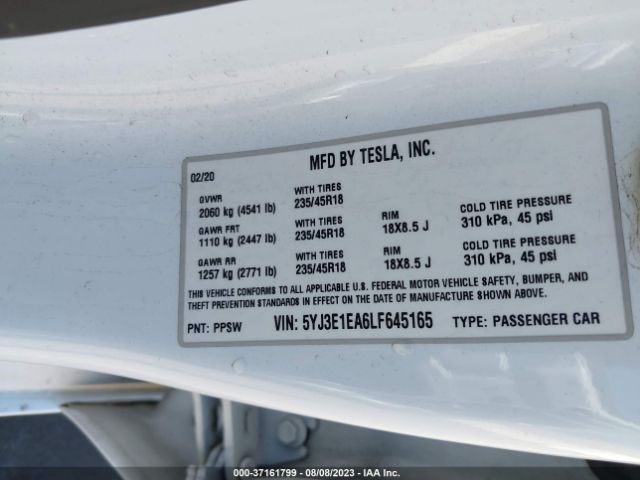 5YJ3E1EA6LF645165 Tesla Model 3 Standard Range