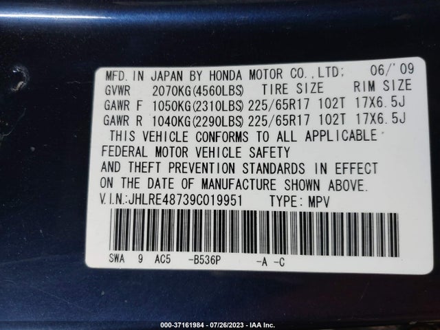 2009 HONDA CR-V EX-L VIN: JHLRE48739C019951
