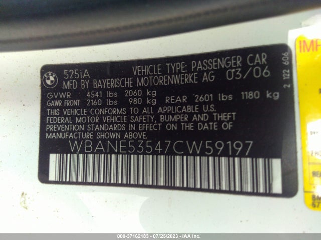 2007 BMW 5 SERIES 525I VIN: WBANE53547CW59197