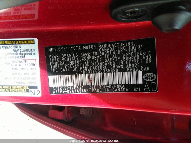 2005 TOYOTA COROLLA CE/S/LE VIN: 2T1BR32E65C365689