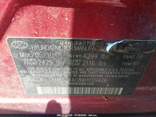 2011 HYUNDAI SONATA SE VIN: 5NPEC4AC8BH029426