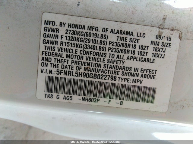 Honda Odyssey Touring 2016 5FNRL5H90GB022798 Image 9