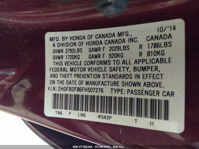 Honda Civic Sedan Ex 2015 2HGFB2F86FH507276 Image 9