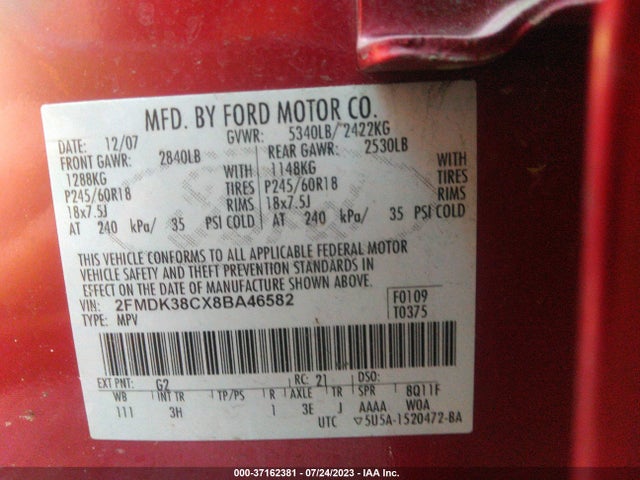 37162381 :رقم المزاد ، 2FMDK38CX8BA46582 vin ، 2008 Ford Edge Sel مزاد بيع