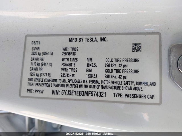 5YJ3E1EB3MF974321 Tesla Model 3 Long Range Dual Motor All-wheel Drive