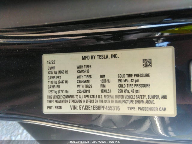 Tesla Model 3 Long Range 2023 5YJ3E1EB6PF455316 Image 9