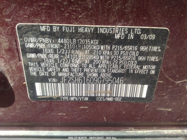 2009 SUBARU FORESTER X VIN: JF2SH61609G795046
