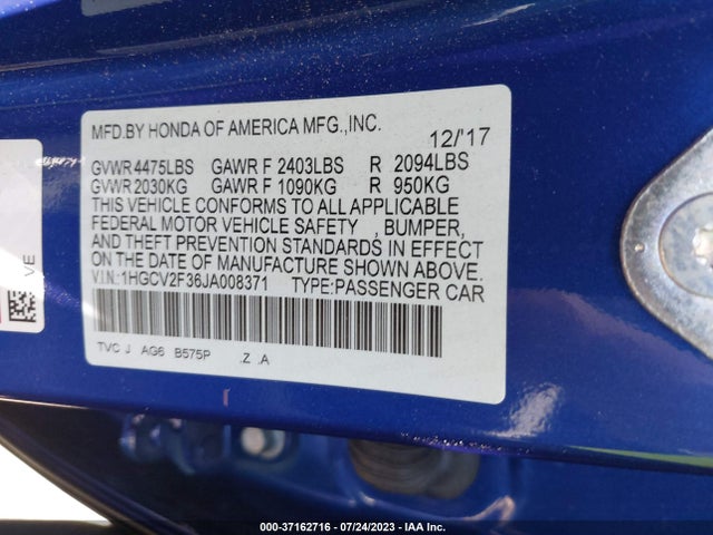 2018 HONDA ACCORD SEDAN SPORT 2.0T VIN: 1HGCV2F36JA008371