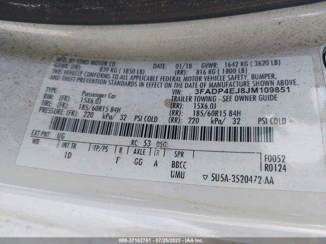 2018 FORD FIESTA SE VIN: 3FADP4EJ8JM109851