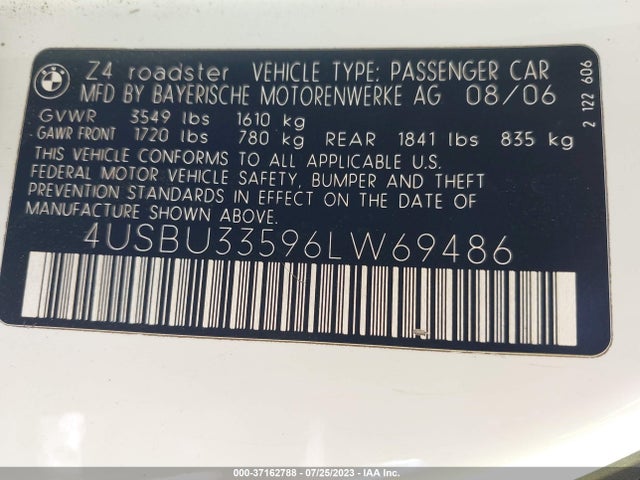 2006 BMW Z4 3.0I VIN: 4USBU33596LW69486