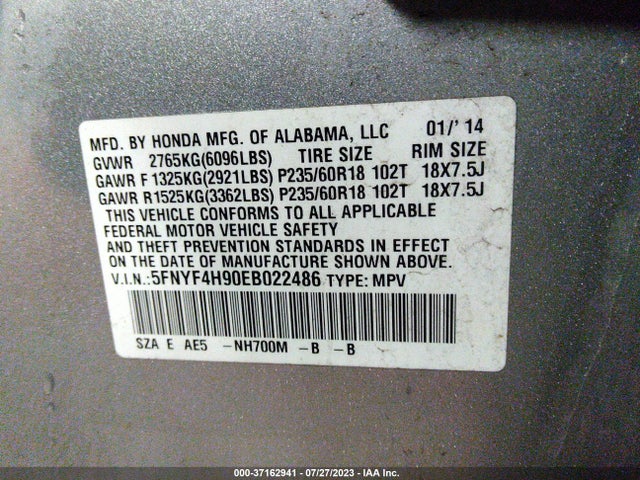 Honda Pilot Touring 2014 5FNYF4H90EB022486 Image 9