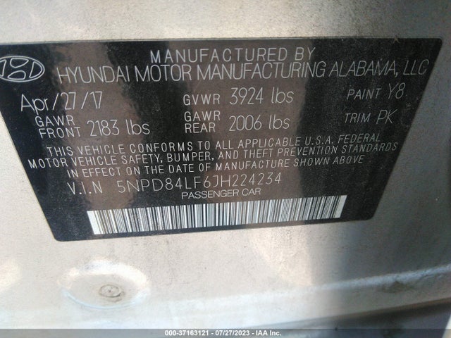 2018 HYUNDAI ELANTRA SEL VIN: 5NPD84LF6JH224234