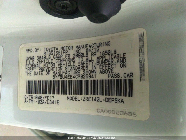 2012 TOYOTA COROLLA L/LE/S VIN: 5YFBU4EE4CP025941