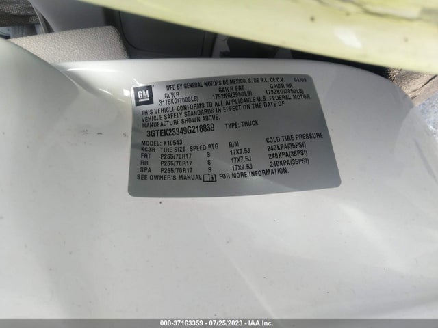 2009 GMC SIERRA 1500 SLE VIN: 3GTEK23349G218839