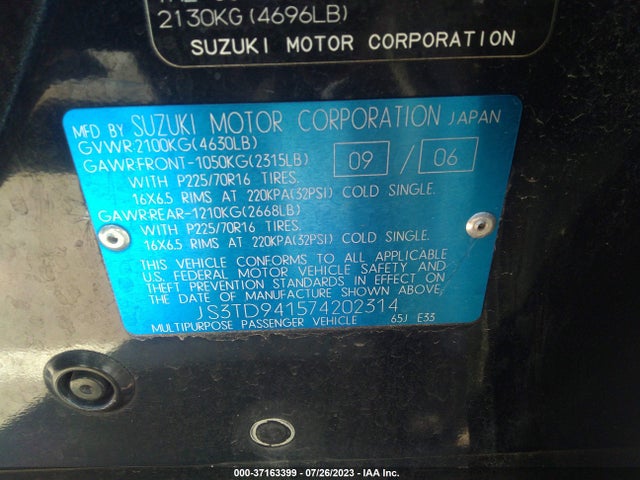 2007 SUZUKI GRAND VITARA VIN: JS3TD941574202314