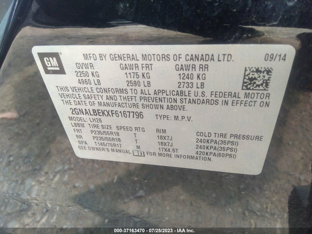 2015 CHEVROLET EQUINOX LT VIN: 2GNALBEKXF6167796
