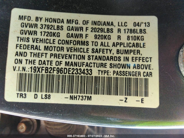 2013 HONDA CIVIC SDN EX-L VIN: 19XFB2F96DE233433