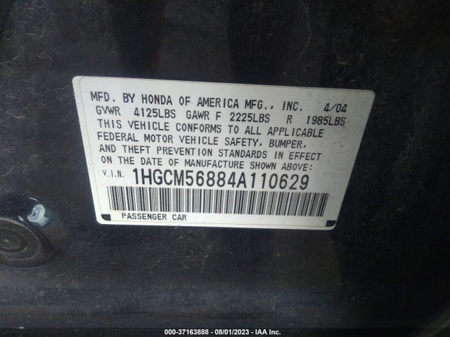 2004 HONDA ACCORD SDN EX VIN: 1HGCM56884A110629