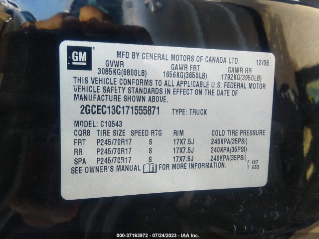 2007 CHEVROLET SILVERADO 1500 LT W/1LT VIN: 2GCEC13C171555871