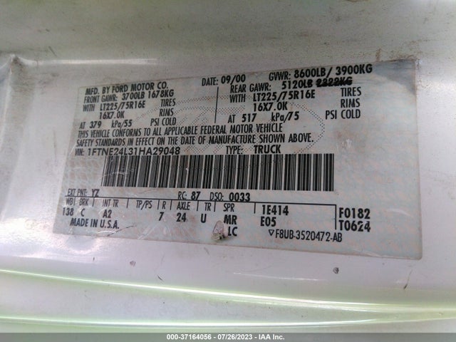 2001 FORD ECONOLINE CARGO VAN VIN: 1FTNE24L31HA29048