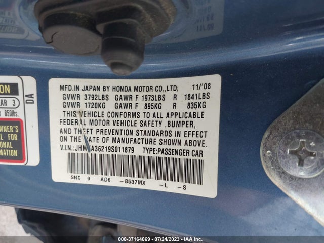 2009 HONDA CIVIC HYBRID VIN: JHMFA36219S011879