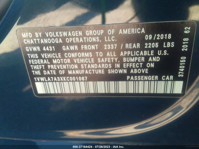 1VWLA7A3XKC001067 Volkswagen Passat 2.0t Wolfsburg Edition