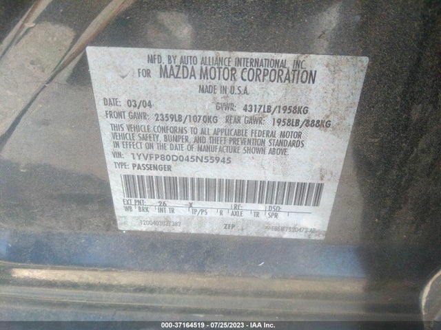 2004 MAZDA MAZDA6 S VIN: 1YVFP80D045N55945