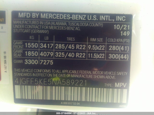 4JGFF5KE5NA589221 Mercedes-Benz Gls Gls 450