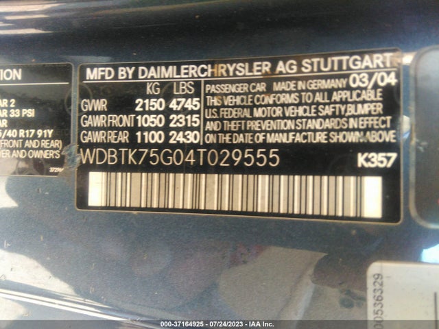 2004 MERCEDES-BENZ CLK-CLASS CABRIOLET 5.0L VIN: WDBTK75G04T029555