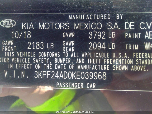 2019 KIA FORTE FE VIN: 3KPF24AD0KE039968