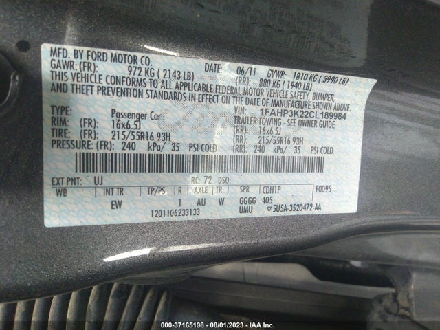 2012 FORD FOCUS SE VIN: 1FAHP3K22CL189984