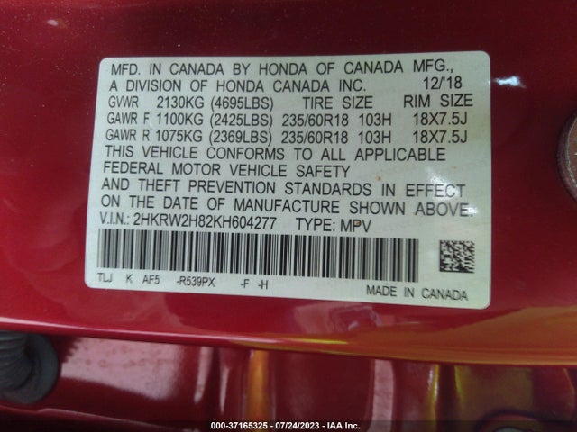 Honda Cr-v Ex-l 2019 2HKRW2H82KH604277 Image 9